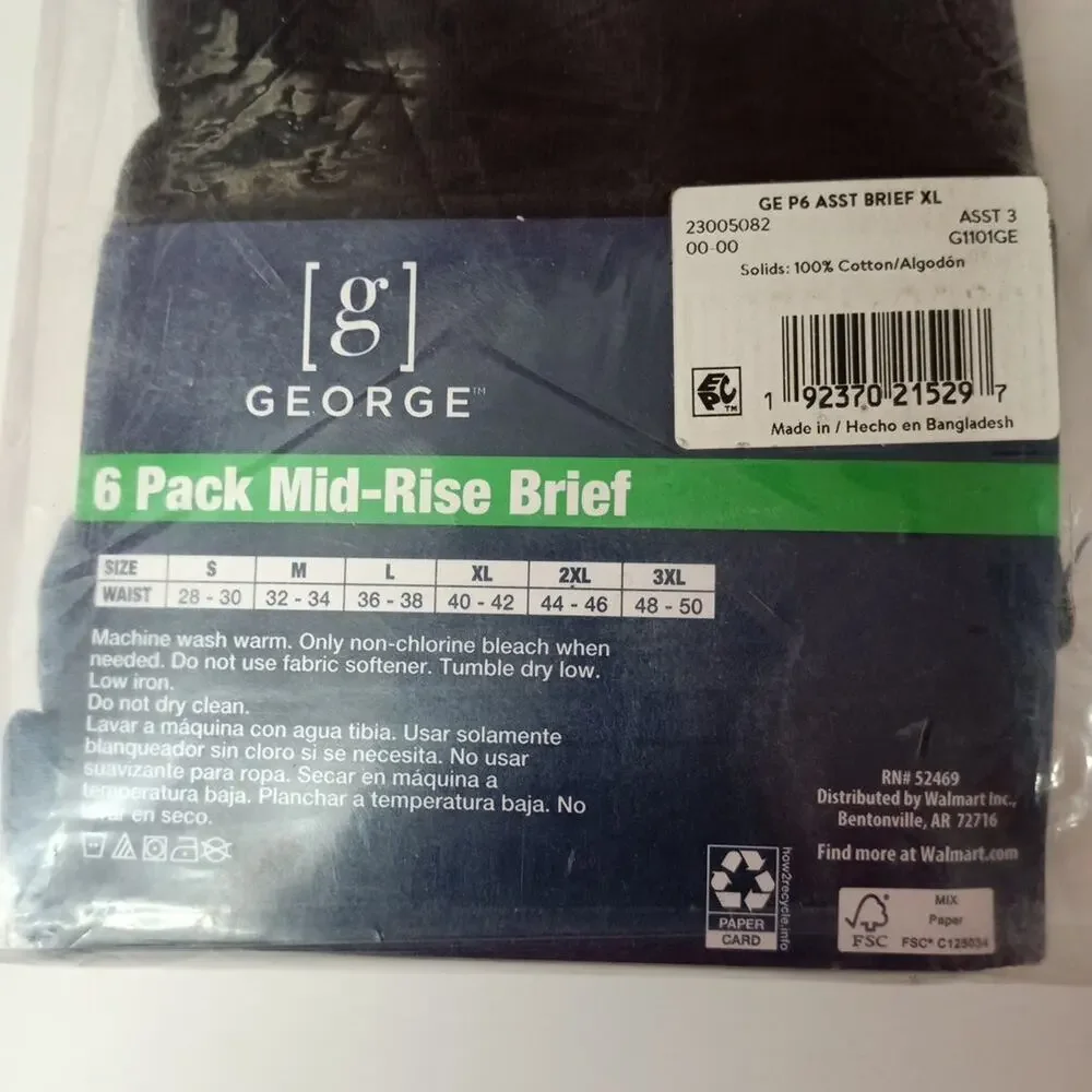 George Men's 6‎ Pack Mid Rise Briefs Assorted Colors Size XL (40-42) 100% Cotton